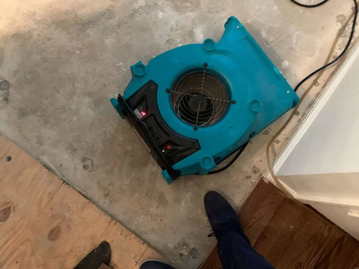 Air mover drying subfloor during Leak Detection & Repair in Morgantown